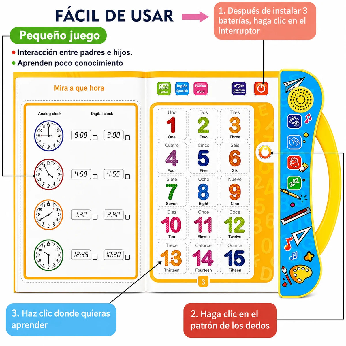 Libro Interactivo con Botones de Sonido para que los Niños Aprendan Letras, Números y Animales en Ingles y Español