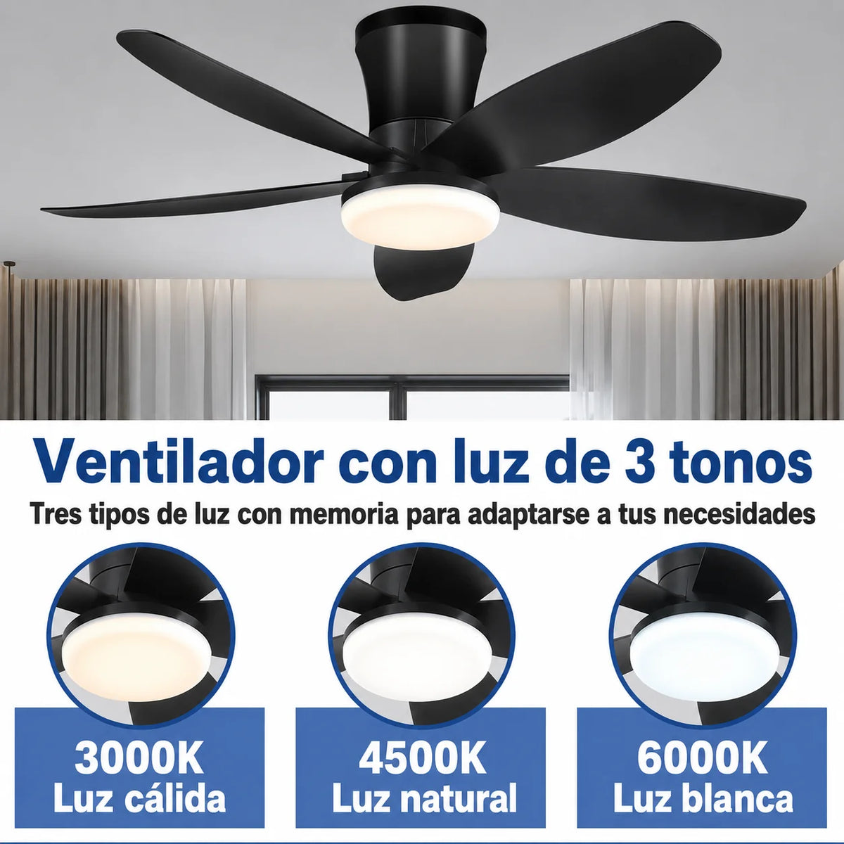 Ventilador de Techo LED con Control Remoto de 52cm Diametro y Color Negro Mate