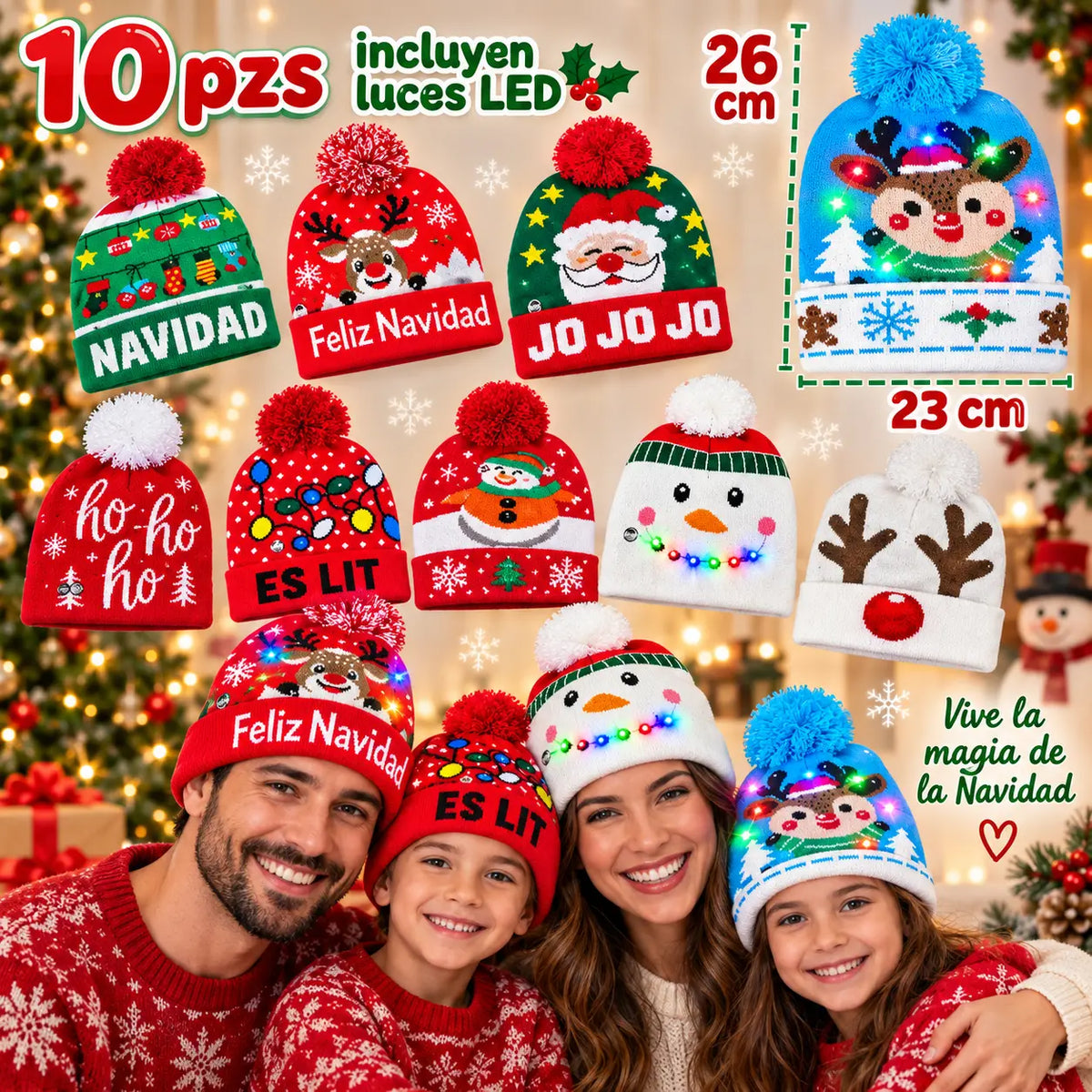 Gorro Navideño Tejido con Luces LED y Pompón para Novenas, Fotos y Reuniones en estas Navidades
