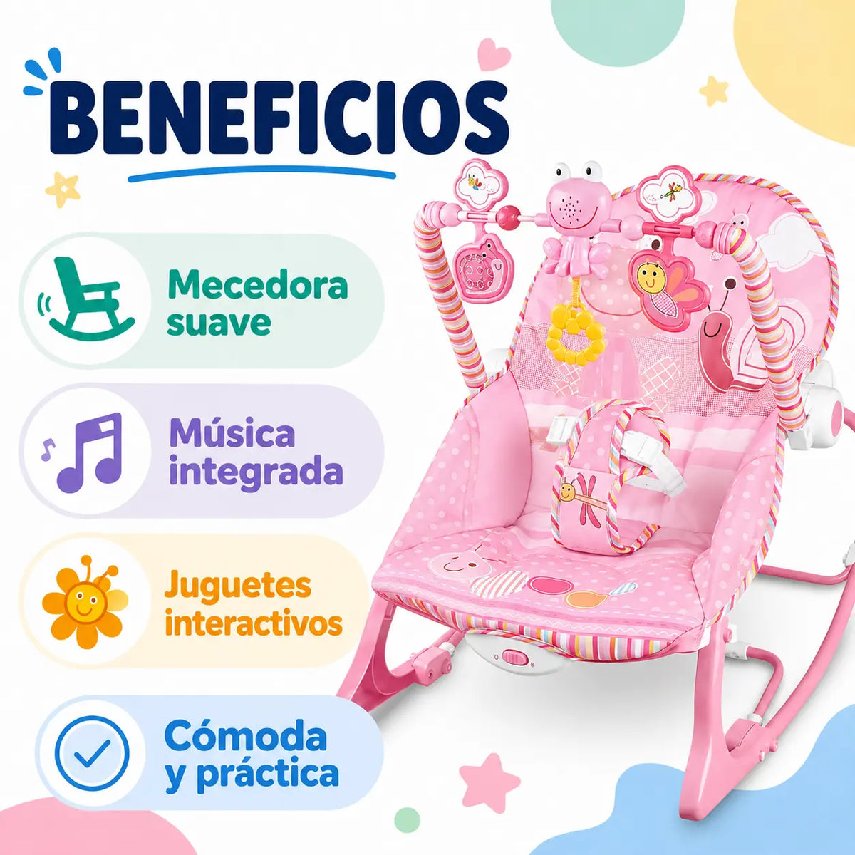 Silla mecedora musical que calma, entretiene y brinda comodidad al bebé
