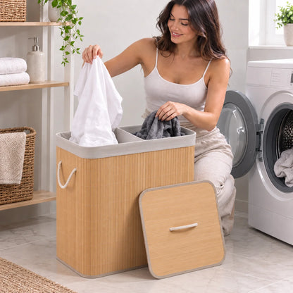 Cesto Doble de Bambú para Separar y Organizar la Ropa Sucia