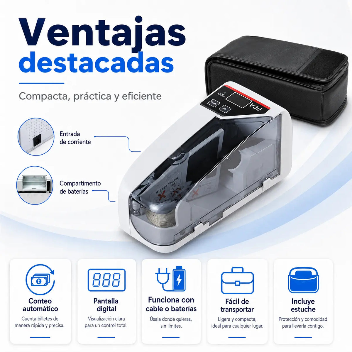 Mini contadora portátil para contar billetes con rapidez y precisión