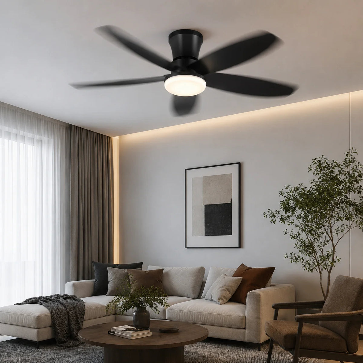 Ventilador de Techo LED con Control Remoto de 52cm Diametro y Color Negro Mate