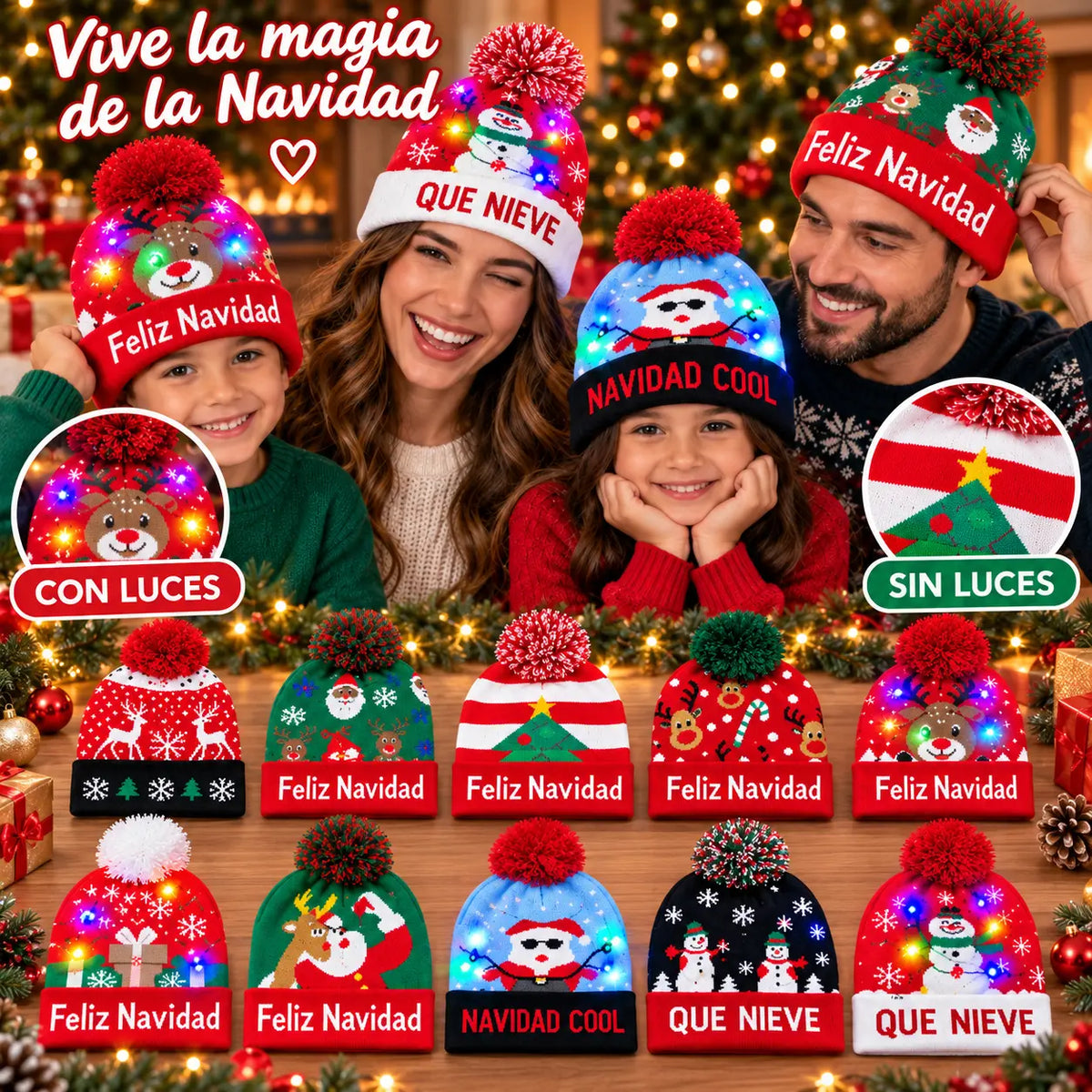 Gorro Navideño Tejido con Luces LED y Pompón para Novenas, Fotos y Reuniones en estas Navidades