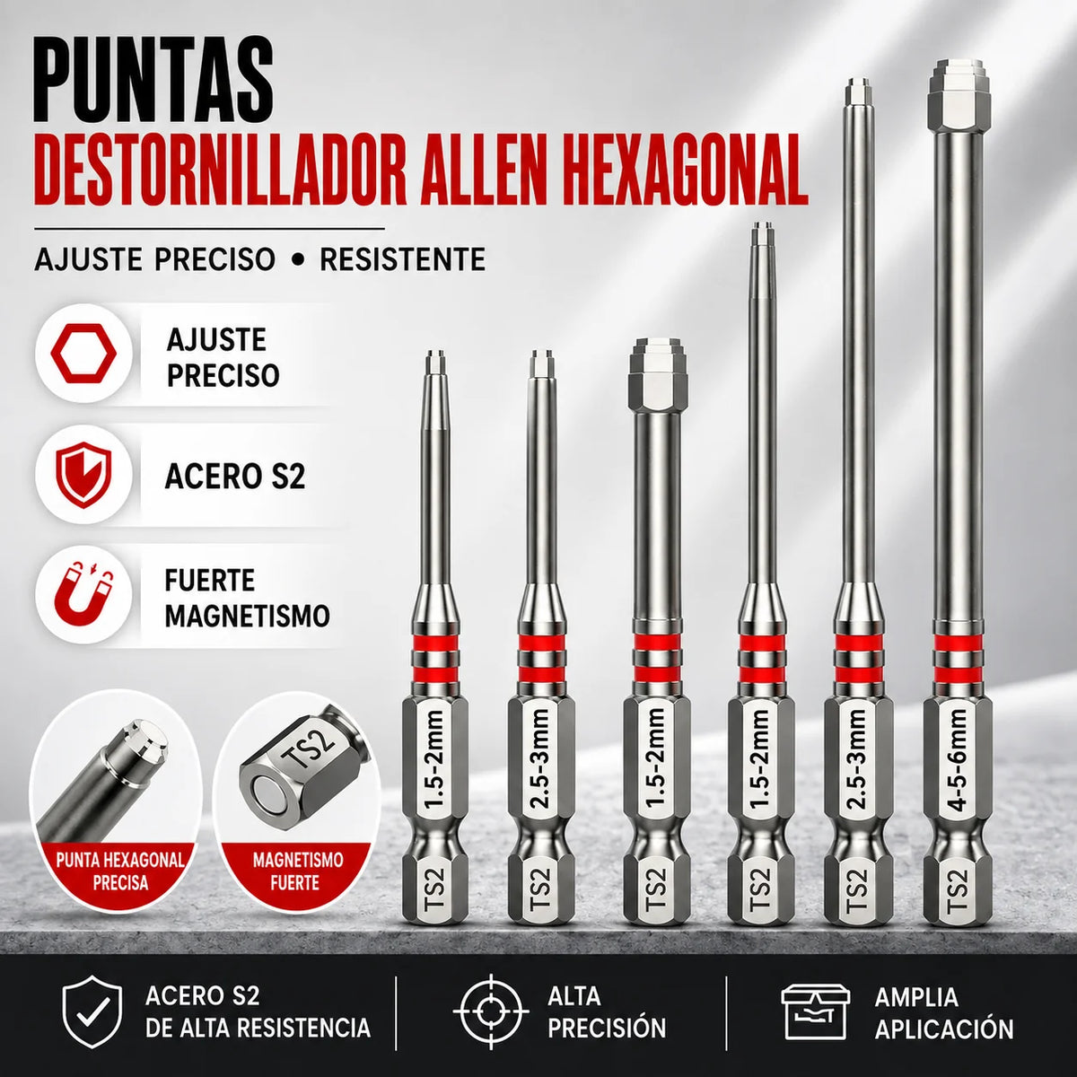 6 Puntas Magnéticas de Precisión para Tornillos Allen o hexagonal