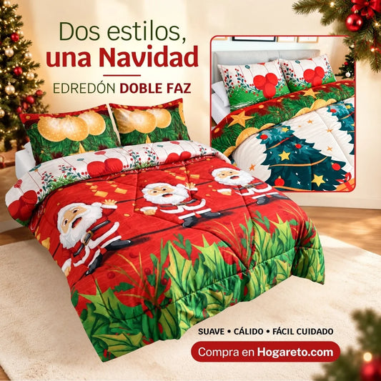 Edredón Doble Faz Navideño para Cama Doble con 2 Fundas de Almohada, Suave y Liviano