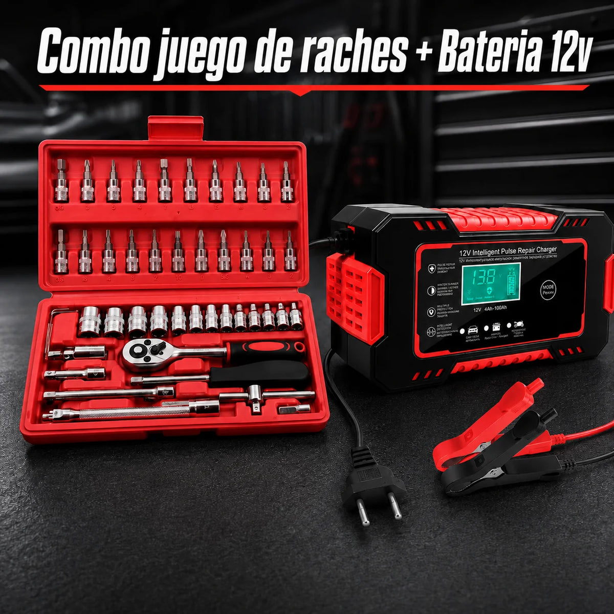 Combo de Batería 12V y Juego de Raches de 46 piezas