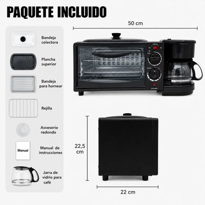 Horno 3 en 1 que Hornea, Prepara Café y Simplifica tus Desayunos.