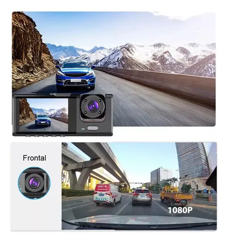 Cámara Vehicular Inteligente 3 en 1 con triple lente HD que graba frente, interior y reversa para brindar seguridad y evidencia en cada trayecto