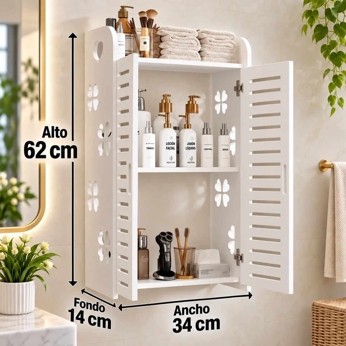 Gabinete Organizador de Baño con Puertas y 3 Repisas para Pared o Mesón