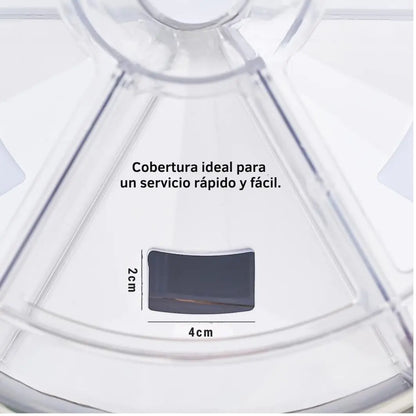 Dispensador giratorio de granos con 6 puestos que organiza y sirve fácilmente.