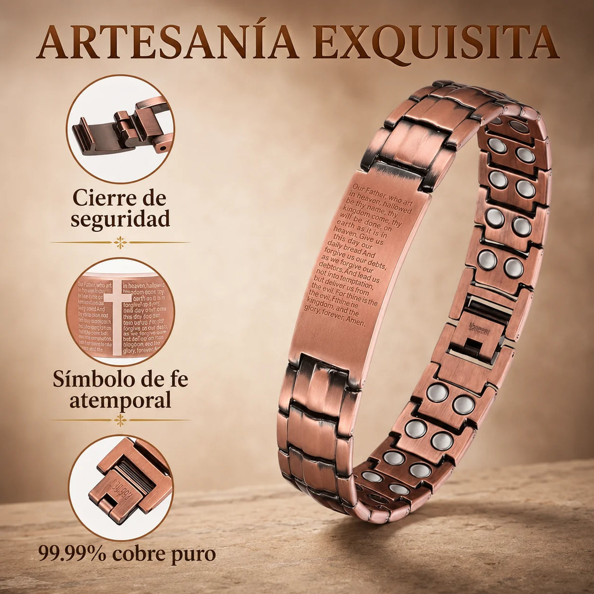 Pulsera de Cobre con Padre Nuestro Magnética que Favorece la Circulación y Vitalidad