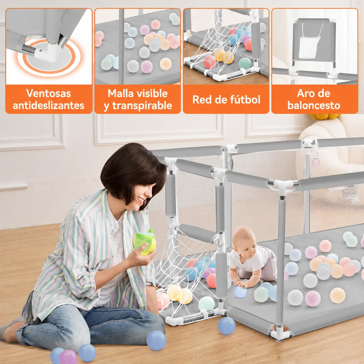 Parque infantil seguro para bebés con amplio espacio de juego y protección total de 190x130x64cm