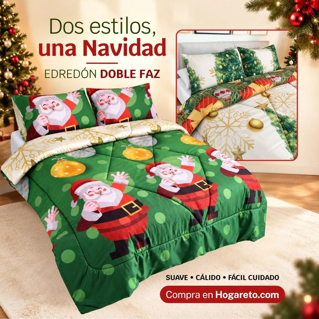 Edredón Doble Faz Navideño para Cama Doble con 2 Fundas de Almohada, Suave y Liviano