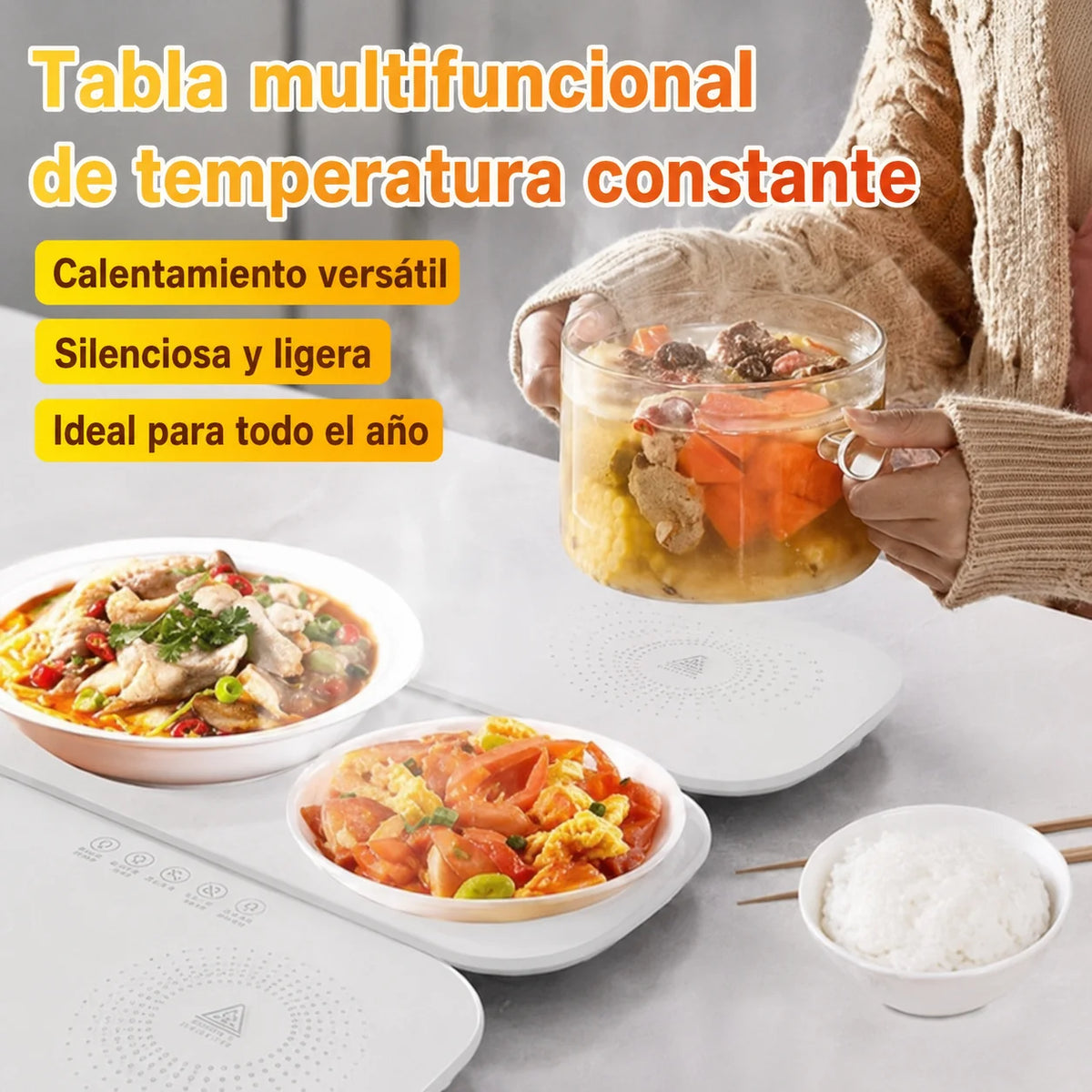 Bandeja eléctrica que mantiene tus alimentos calientes con temperatura ajustable