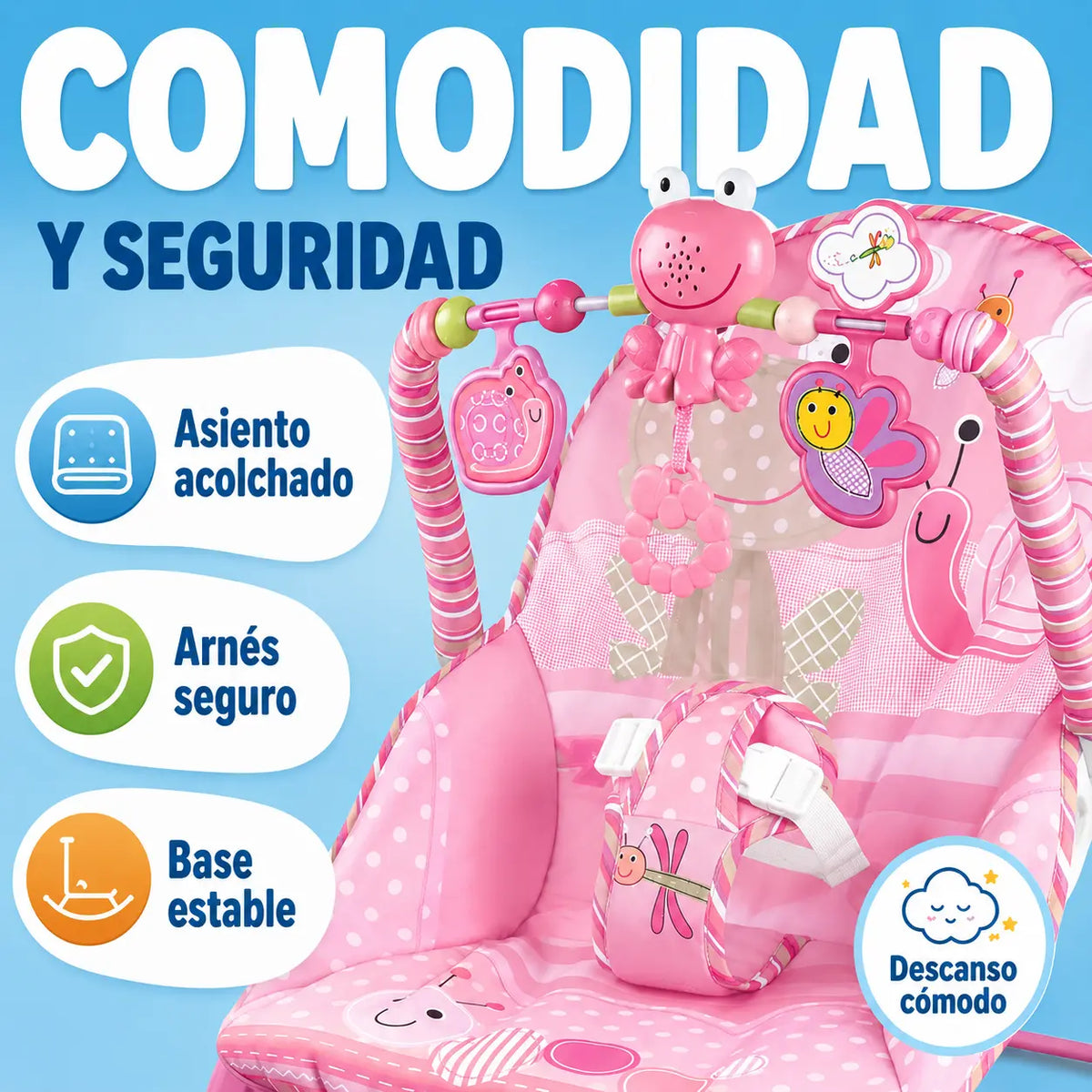 Silla mecedora musical que calma, entretiene y brinda comodidad al bebé