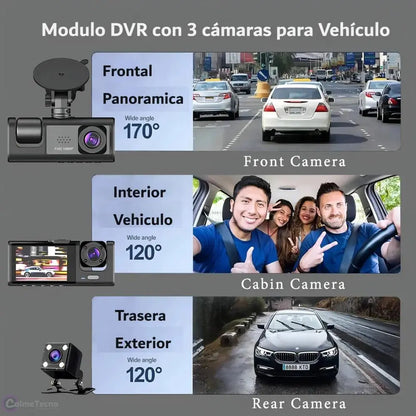 Cámara Vehicular Inteligente 3 en 1 con triple lente HD que graba frente, interior y reversa para brindar seguridad y evidencia en cada trayecto