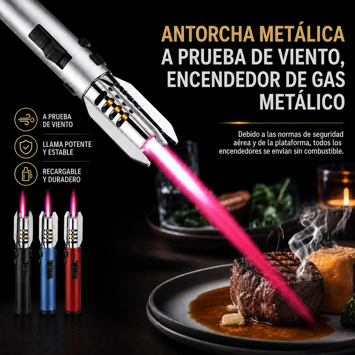 Soplete Metalico Ajustable y Recargable a Prueba de Viento