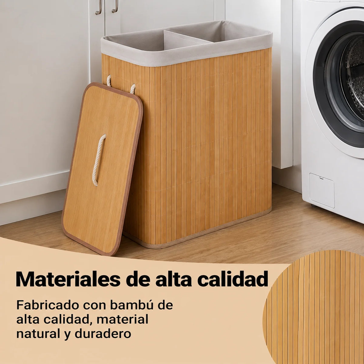 Cesto Doble de Bambú para Separar y Organizar la Ropa Sucia
