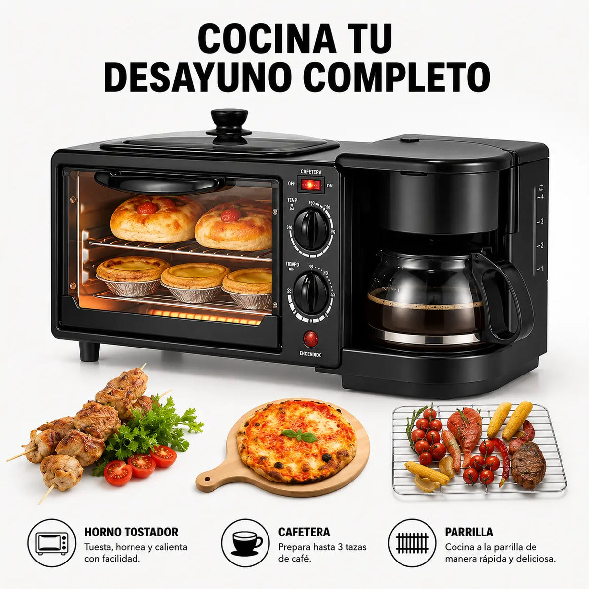 Horno 3 en 1 que Hornea, Prepara Café y Simplifica tus Desayunos.