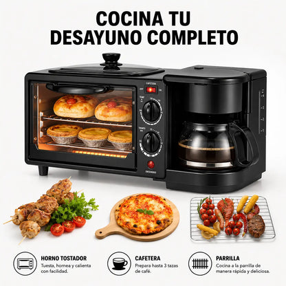 Horno 3 en 1 que Hornea, Prepara Café y Simplifica tus Desayunos.