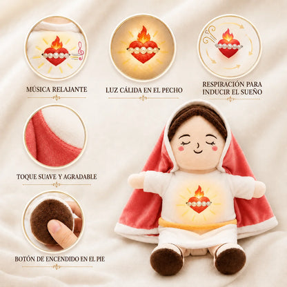 Peluche Virgen María con Luz Cálida, Música Relajante y Respiración para Calmar la Ansiedad y Dormir Mejor
