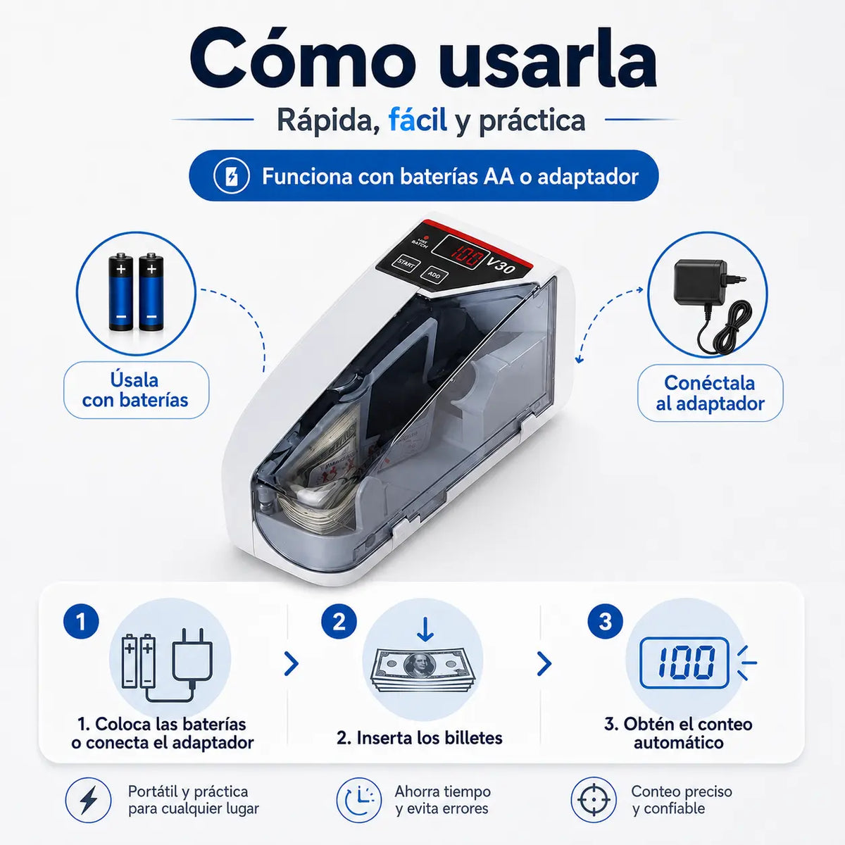 Mini contadora portátil para contar billetes con rapidez y precisión