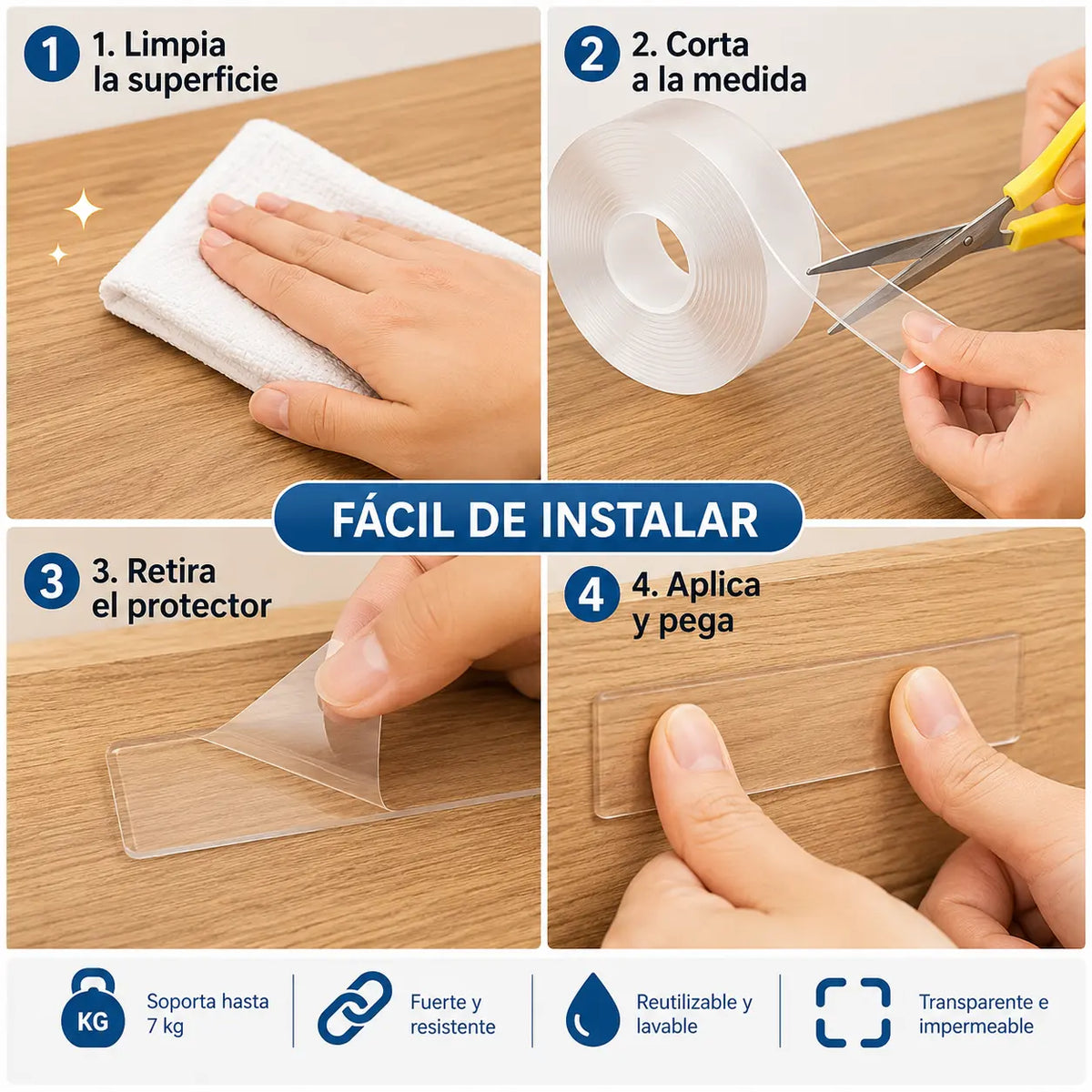 PAGA 1 LLEVA 2: Cinta Doble Faz Transparente de Gel, Lavable y Reutilizable que Fija Objetos con Máxima Adherencia sin Perforar Paredes ni Dejar Residuos