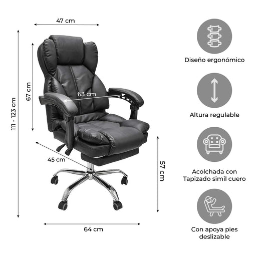 Silla Ejecutiva Reclinable con Reposapiés y Acolchado Premium para Horas sin Dolor de Espalda