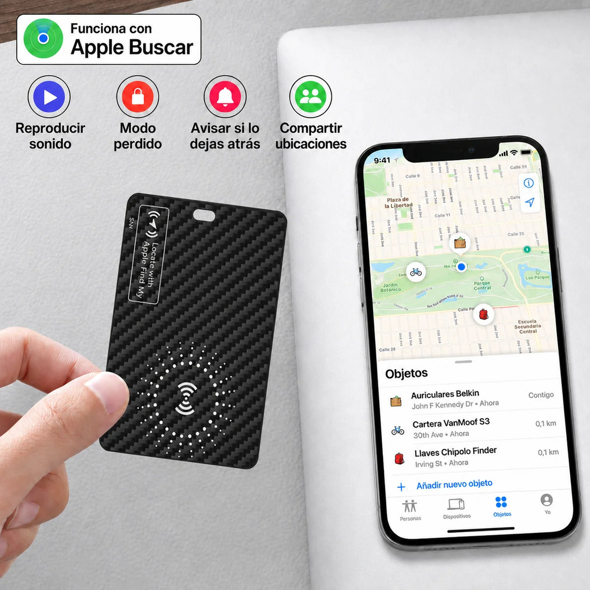 Tarjeta Rastreadora para iPhone con Alcance Ilimitado y Hasta 5 Meses de Batería por Carga
