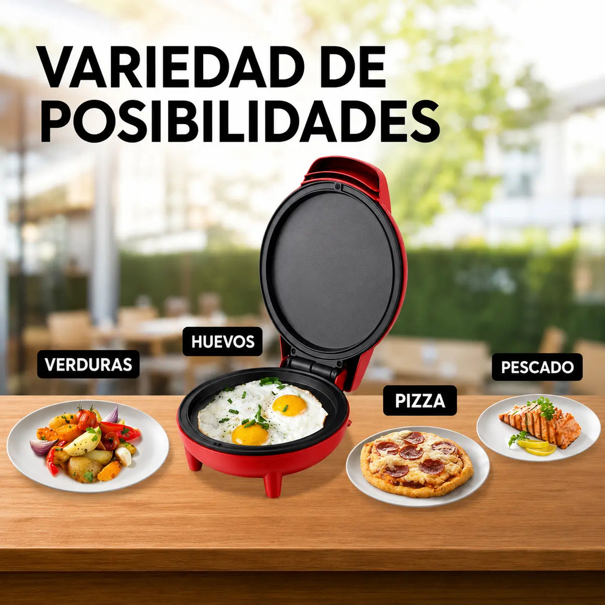 Maquina eléctrica que prepara pizzas, quesadillas, arepas, tortillas, empanadas, carnes, snacks y mucho más en minutos
