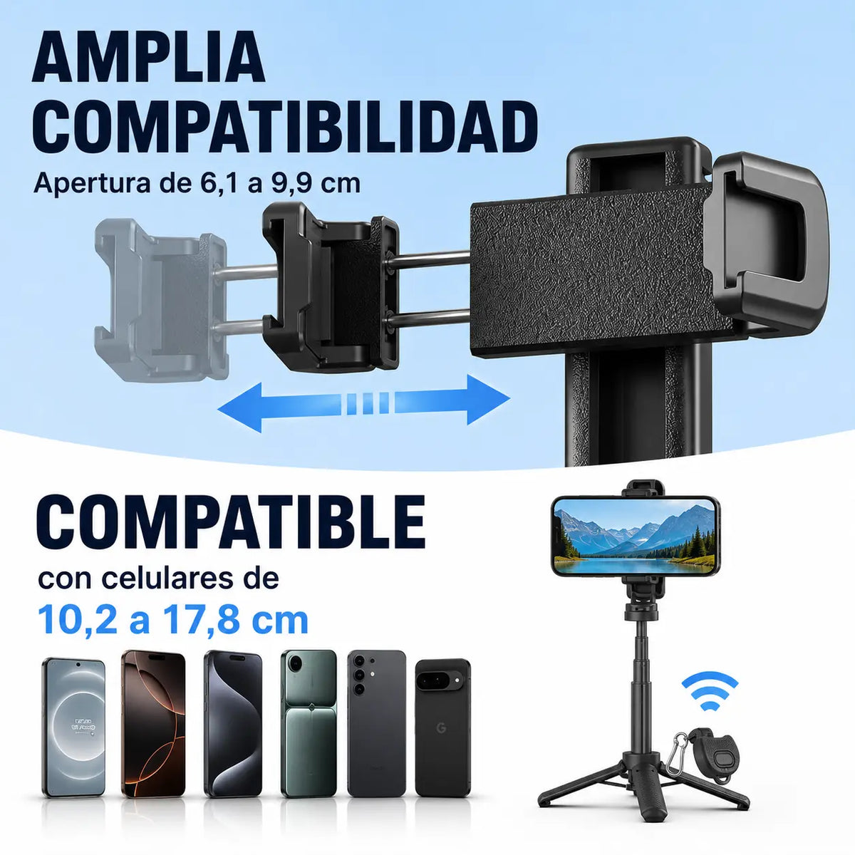 Trípode de Bolsillo Extensible con Control Remoto que permite capturar selfies, grabar videos con total estabilidad en cualquier lugar