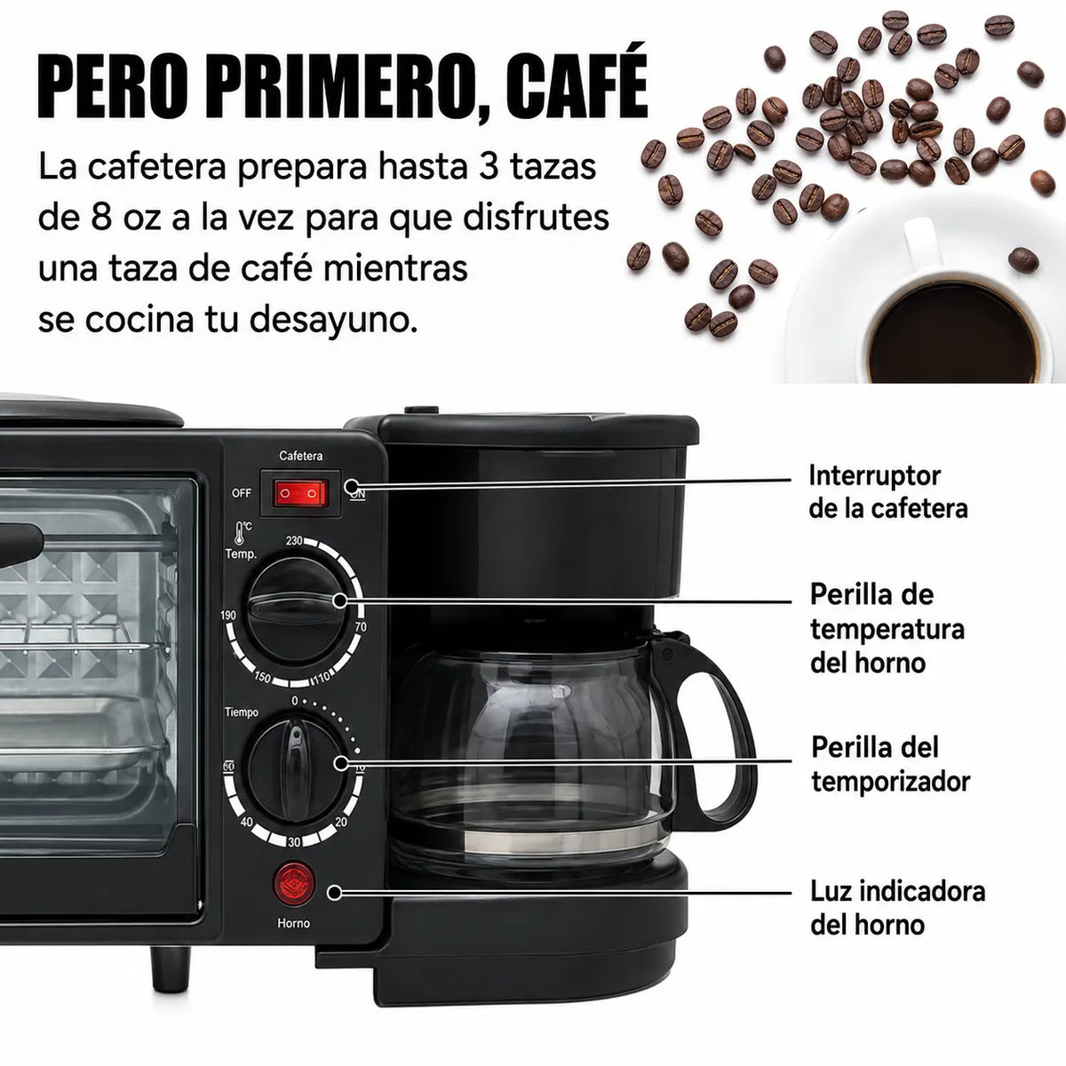 Horno 3 en 1 que Hornea, Prepara Café y Simplifica tus Desayunos.