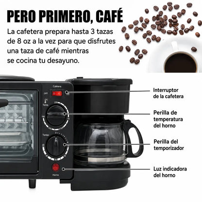 Horno 3 en 1 que Hornea, Prepara Café y Simplifica tus Desayunos.
