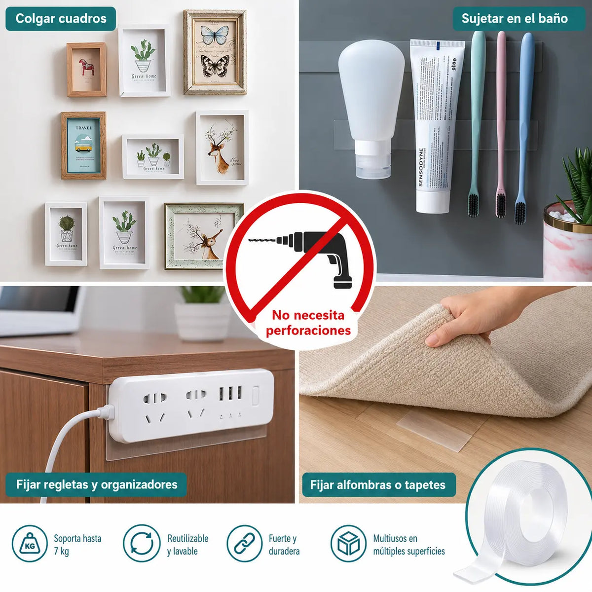 PAGA 1 LLEVA 2: Cinta Doble Faz Transparente de Gel, Lavable y Reutilizable que Fija Objetos con Máxima Adherencia sin Perforar Paredes ni Dejar Residuos