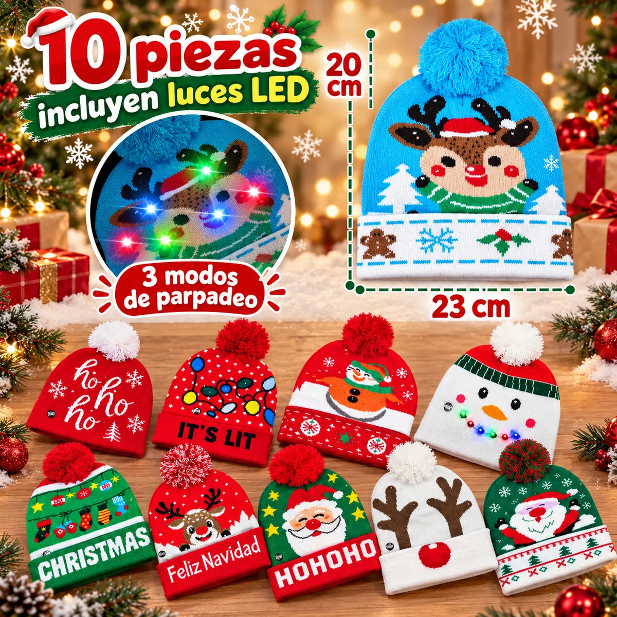 Gorro Navideño Tejido con Luces LED y Pompón para Novenas, Fotos y Reuniones en estas Navidades