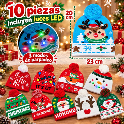 Gorro Navideño Tejido con Luces LED y Pompón para Novenas, Fotos y Reuniones en estas Navidades