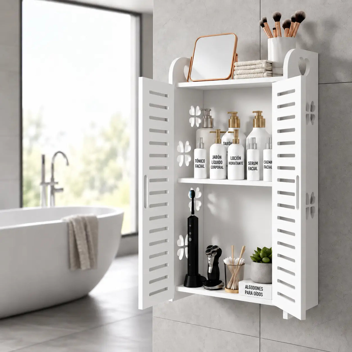Gabinete Organizador de Baño con Puertas y 3 Repisas para Pared o Mesón