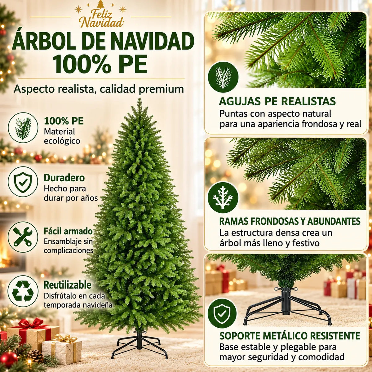 Árbol de Navidad Frondoso de 2.10 m con Ramas de Alta Densidad y Base Metálica Reforzada