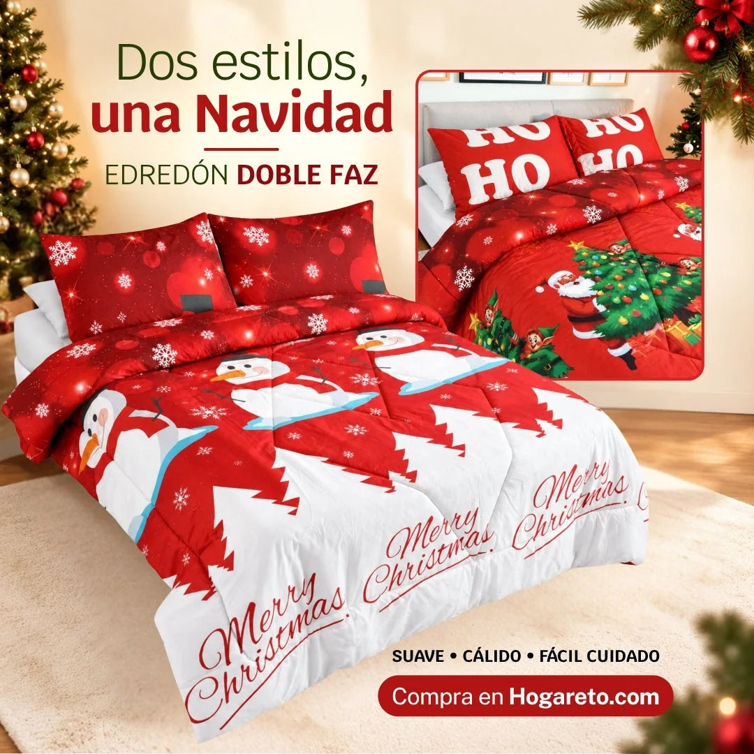 Edredón Doble Faz Navideño para Cama Doble con 2 Fundas de Almohada, Suave y Liviano