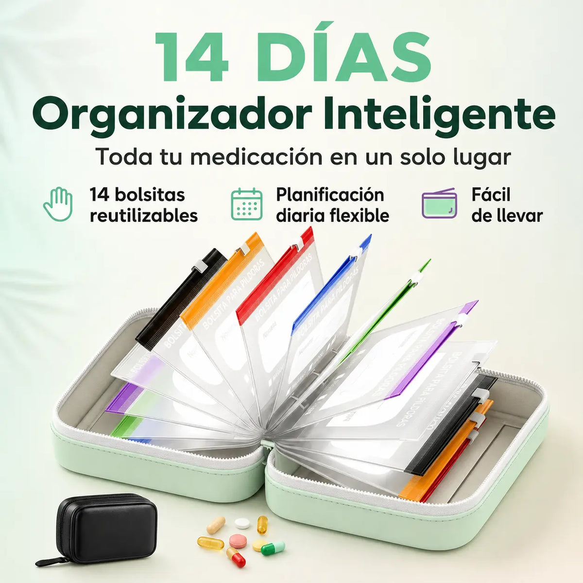 Organizador Impermeable de Bolsas para Pastillas y Suplementos, Ideal para Llevar tus Dosis Diarias Siempre Ordenadas.