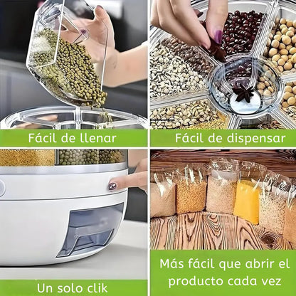 Dispensador giratorio de granos con 6 puestos que organiza y sirve fácilmente.