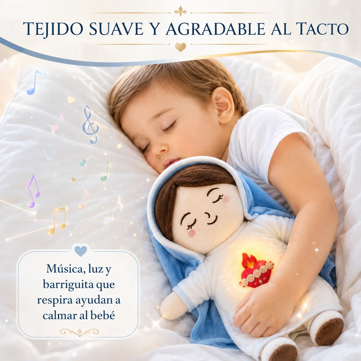 Peluche Virgen María con Luz Cálida, Música Relajante y Respiración para Calmar la Ansiedad y Dormir Mejor