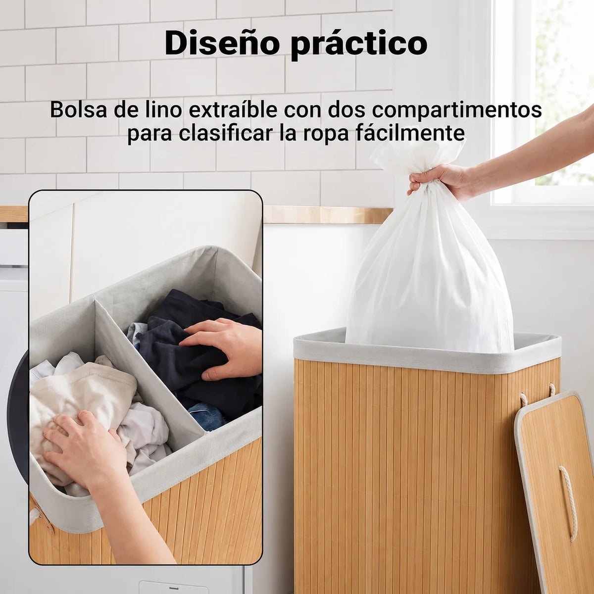 Cesto Doble de Bambú para Separar y Organizar la Ropa Sucia