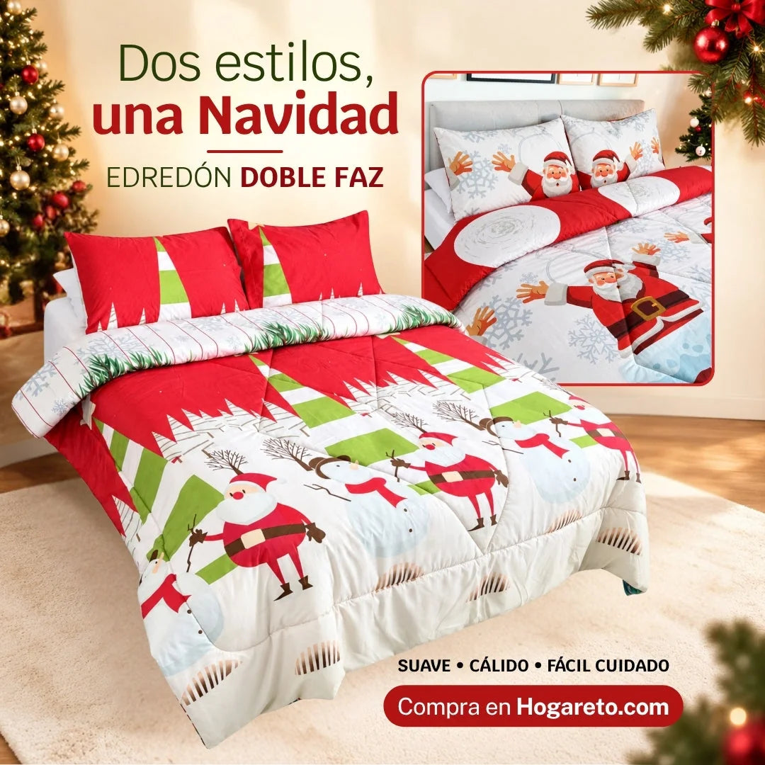 Edredón Doble Faz Navideño para Cama Doble con 2 Fundas de Almohada, Suave y Liviano