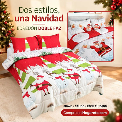 Edredón Doble Faz Navideño para Cama Doble con 2 Fundas de Almohada, Suave y Liviano