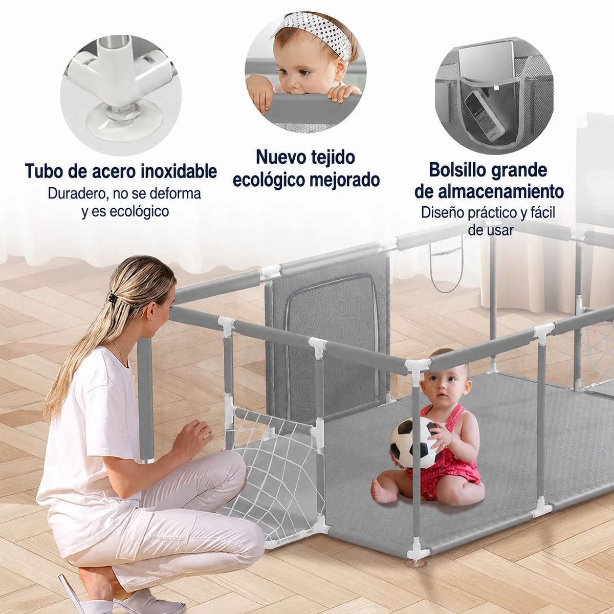 Parque infantil seguro para bebés con amplio espacio de juego y protección total de 190x130x64cm