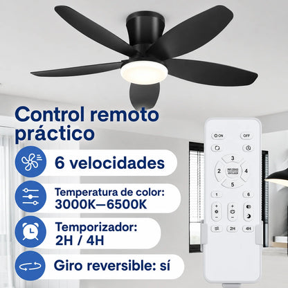 Ventilador de Techo LED con Control Remoto de 52cm Diametro y Color Negro Mate