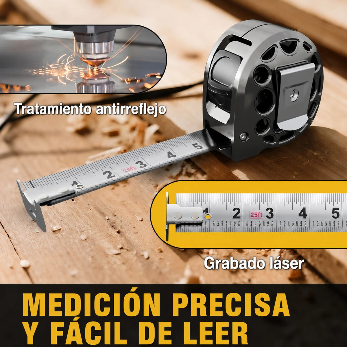 Flexómetro de Acero Retráctil de 7.5m Resistente a Golpes, Barro, Agua y Más
