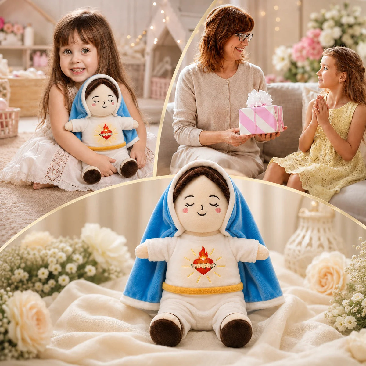 Peluche Virgen María con Luz Cálida, Música Relajante y Respiración para Calmar la Ansiedad y Dormir Mejor